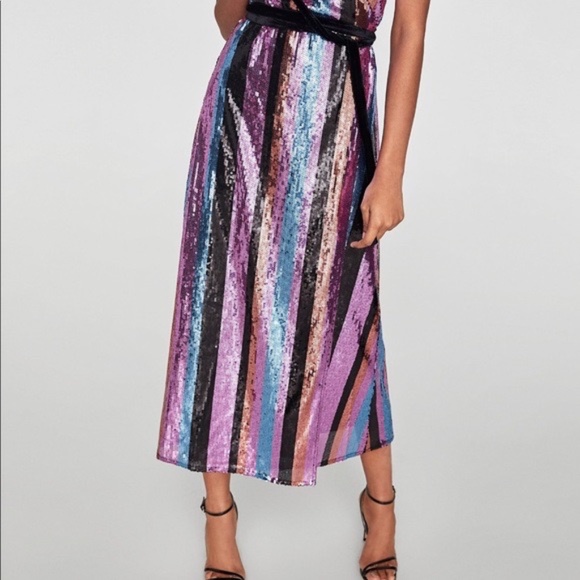 SOLD Zara Sequin Stripe Midi Wrap Dress, Sz Small - Picture 5 of 16